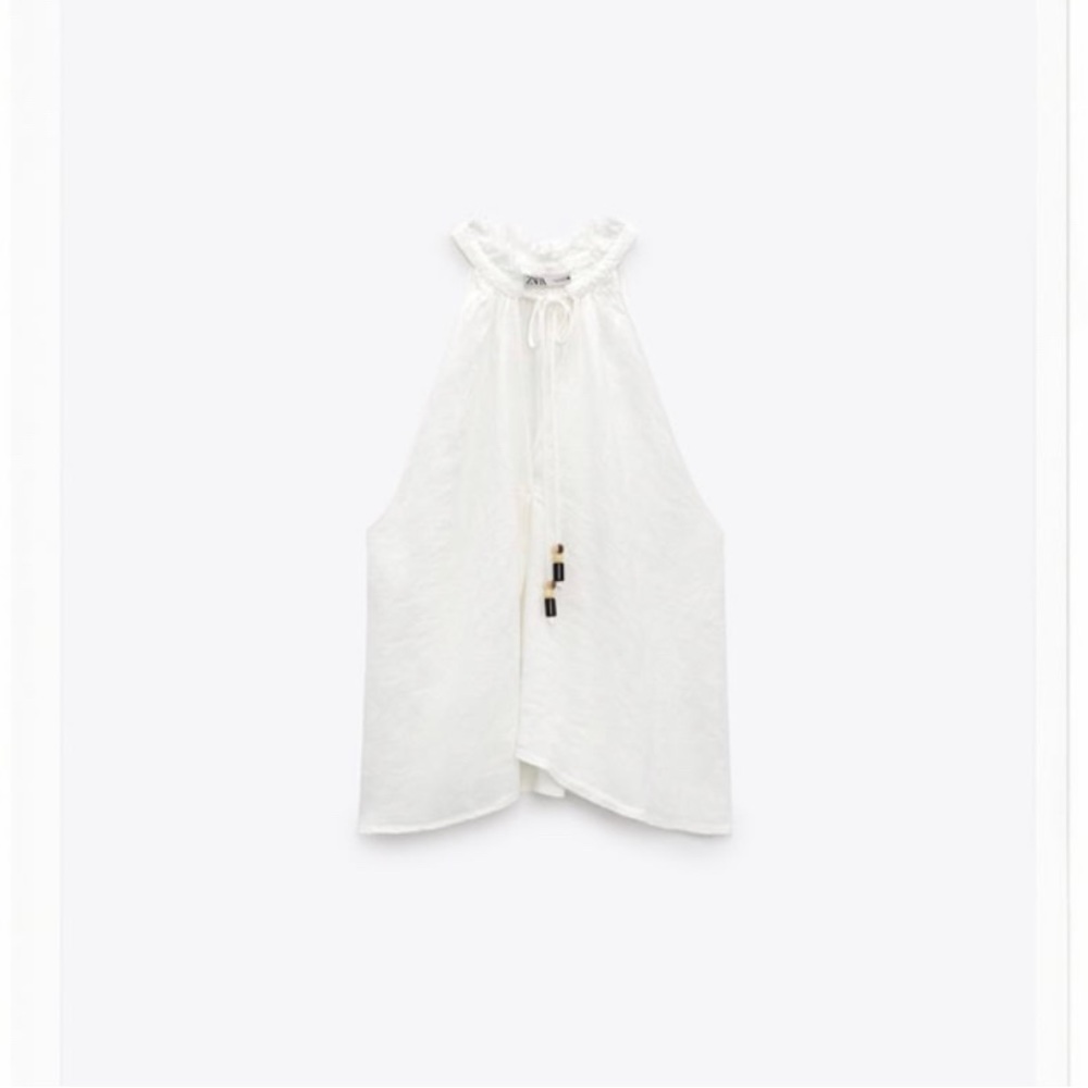 Frayed Linen Top White Zara NWT